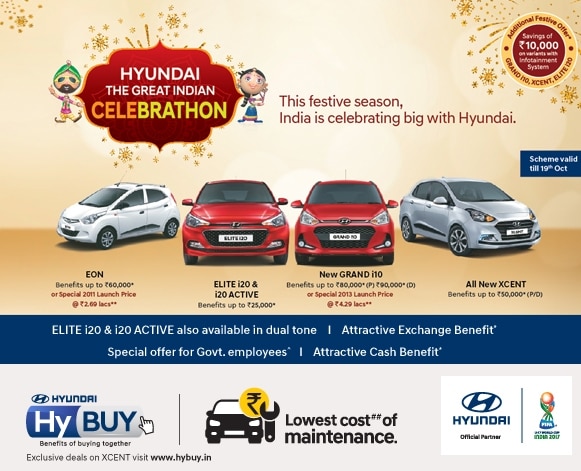 Diwali 2017 Offers and Discounts on Hyundai Cars: Get Cash Benefits up to INR 90,000 on Xcent, Grand i10, Elite i20, Eon