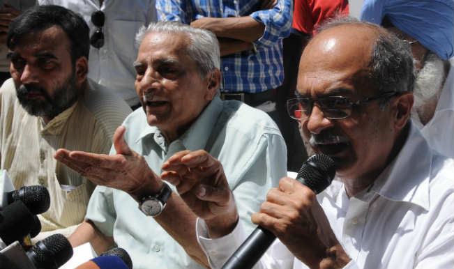 AAP rift sours: Yogendra Yadav, Shanti Bhushan, Prashant Bhushan.