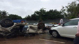 Mumbai: 3 killed as car turns turtle, lands atop kaali peeli on Eastern freeway near Chembur; traffic affected Mumbai: 3 killed as car turns turtle, lands atop kaali peeli on Eastern freeway near Chembur; traffic affected