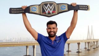Rohit Sharma Strikes a Pose with Special Gift from WWE Star Triple H Rohit Sharma Strikes a Pose with Special Gift from WWE Star Triple H