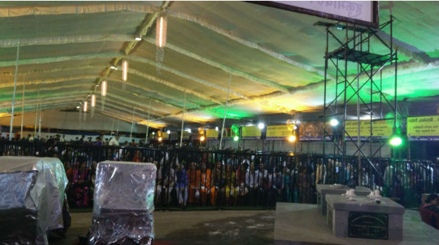 The sheltered queue area for thousands of people - takes 3 to 4 hours to reach the temple.