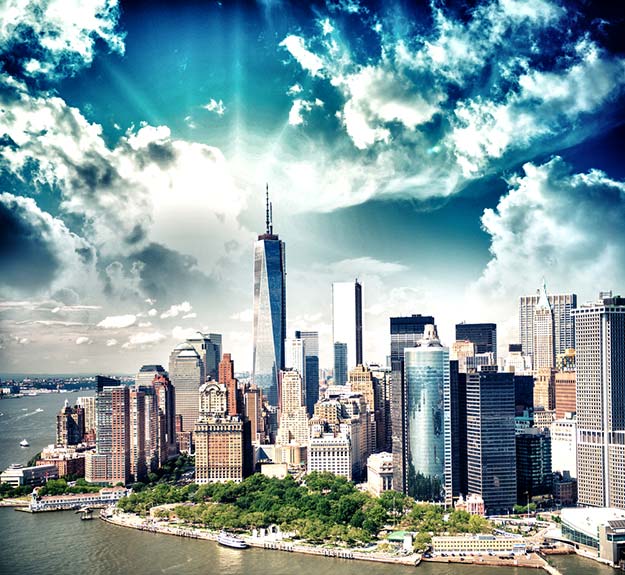Skyscrapers in lower Manhattan during a summer sunset
