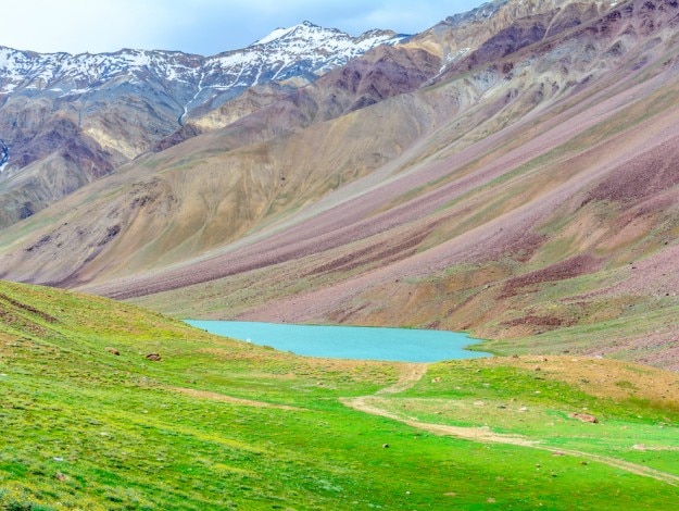 Scenic india himalayas mountains with Chandra Tal lake in Spiti valley landscape