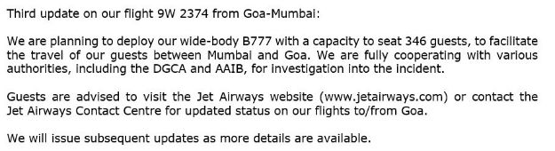 Jet Airways Twitter update