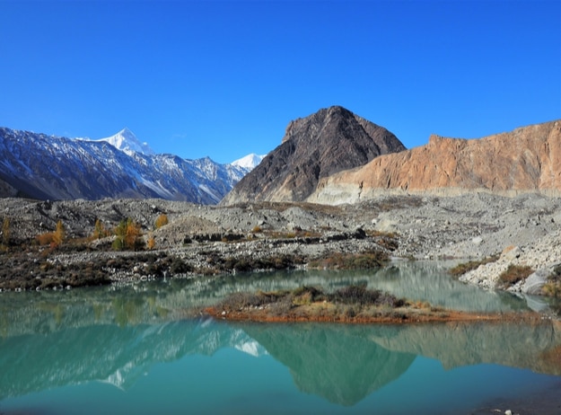 Landscape Reflection Of Batura Glacier, With Lake In Foreground, Gilgit-Baltistan, Northern Pakistan