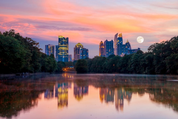 Atlanta, Georgia Skyline from Piedmont Park's Lake Meer