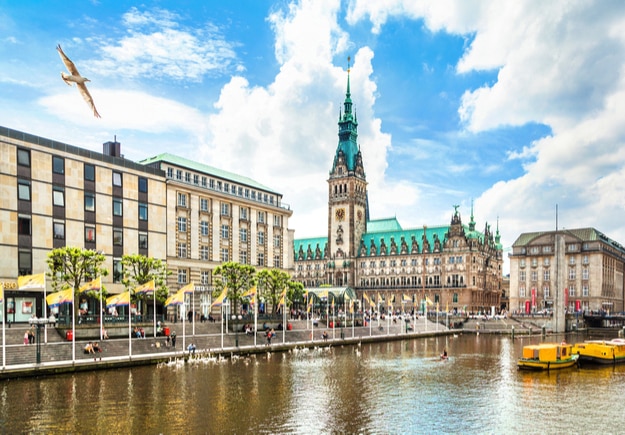 Beautiful view of Hamburg city center with town hall and Alster river, Germany