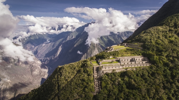 Choquequirao is an Incan site in south Peru, similar in structure and architecture to Machu Picchu. The ruins are buildings and terraces at levels above and below Sunch'u Pata, the truncated hill top