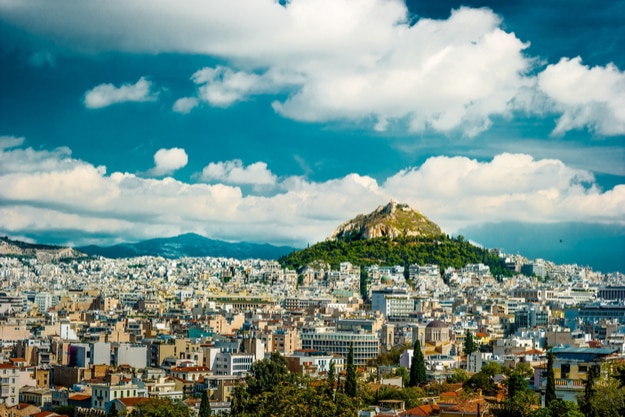 Cityscape of Athens and Lycabettus Hill in the background, Athens, Greece