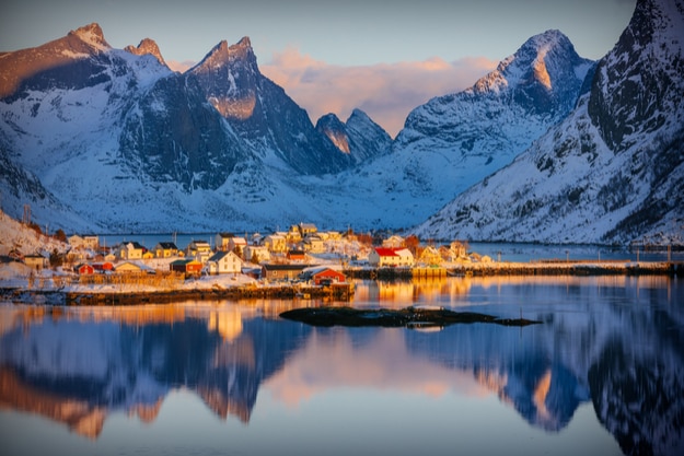 Colorful winter sunrise in the fishing village of Reine, Lofoten archipelago, Norway
