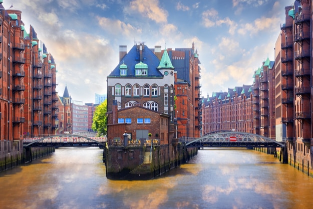 Hamburg, Germany - Popular Water Castle in the warehouse district