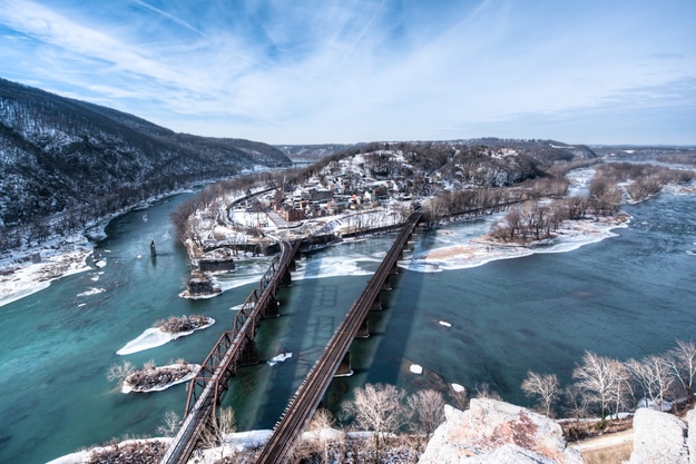 Harpers Ferry, WV with snow on the ground and in the Shenandoah and Potomac Rivers, shot from the Maryland Heights Overlook