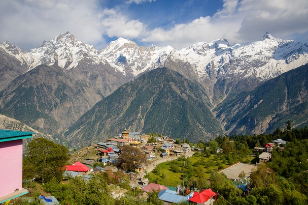 Kalpa village and Kinnaur Kailash sacred peak at sunrise