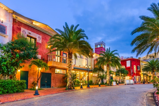 Okinawa, Japan at American Village streets at twilight
