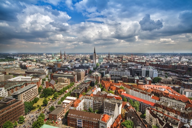 Overlook from the Michelin Tower to the old town part of Hamburg