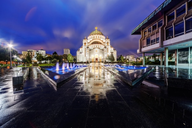Saint Sava temple with fountain in Belgrade