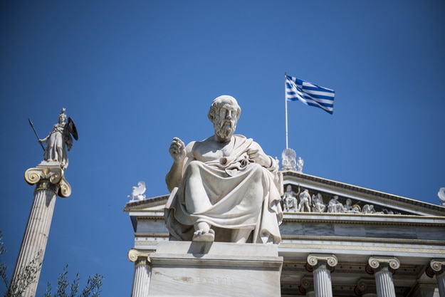 Statue of Greek philoshopher Plato (middle) outside the Academy of Athens main building, in central Athens