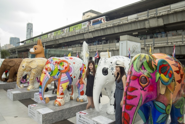 Elephant Parade at the Siam Square in the city of Bangkok in Thailand