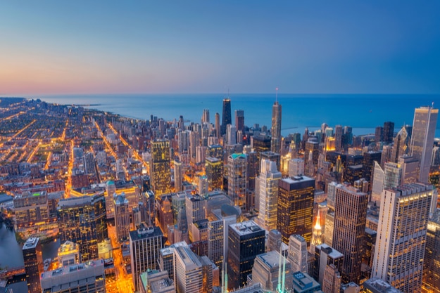 Twilight cityscape of Chicago downtown, where the American Writers Museum is located