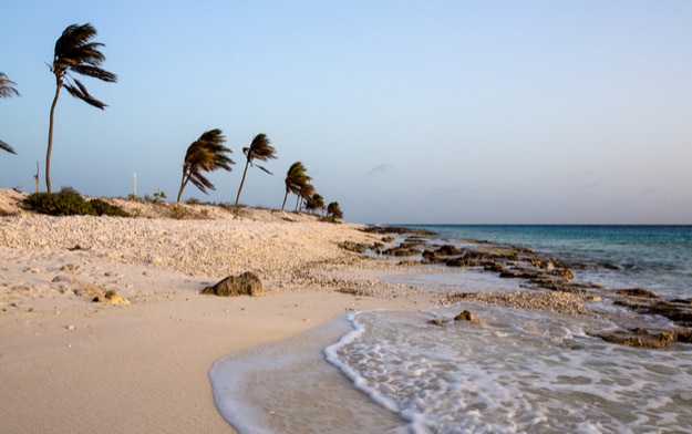 The crushed coral that makes the beach gives it a pink hue at sunset. Bonaire, Dutch Antilles