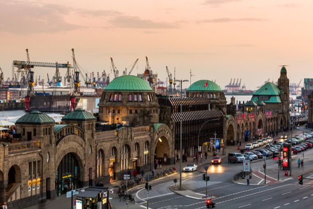 View of the St. Pauli Piers (German St. Pauli Landungsbrucken) one of Hamburg's major tourist attractions