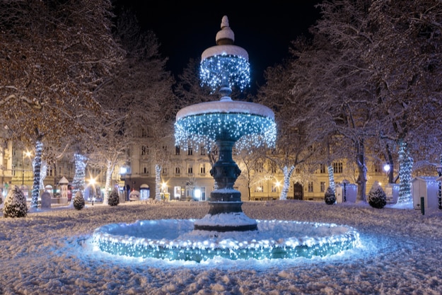 Zrinjevac park Fountain decorated by Christmas lights as part of Advent in Zagreb. Fountain is known as The Mushroom