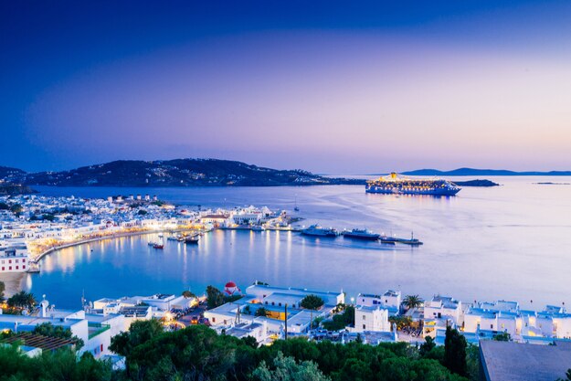 Beatiful twilight over Mykonos town, Mykonos island, Cyclades archipelago, Greece