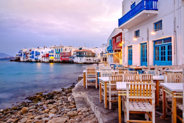 Beautiful sunrise at Little Venice on Mykonos island, Cyclades, Greece
