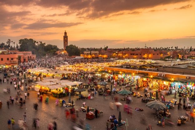 Jamaa el Fna market square, Marrakesh, Morocco, north Africa. Jemaa el-Fnaa, Djema el-Fna or Djemaa el-Fnaa is a famous square and market place in Marrakesh's medina quarter