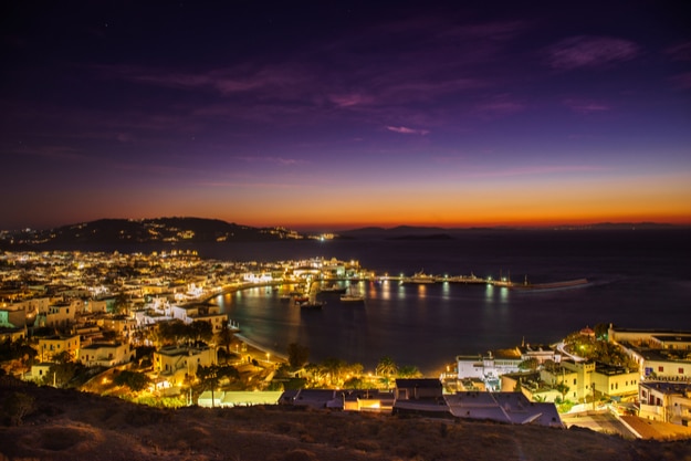 Mykonos island aerial panoramic view at sunset. Mykonos is a island, part of the Cyclades in Greece with old architecture one the foreground