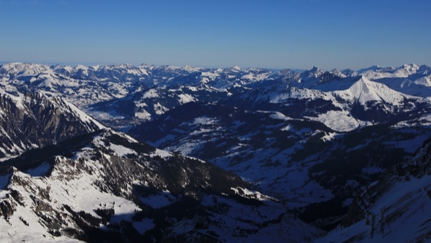 Saanenland valley and distant view of Gstaad