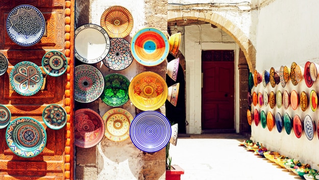 Traditional arabic handcrafted, colorful decorated plates shot at the market in Marrakesh, Morocco, Africa