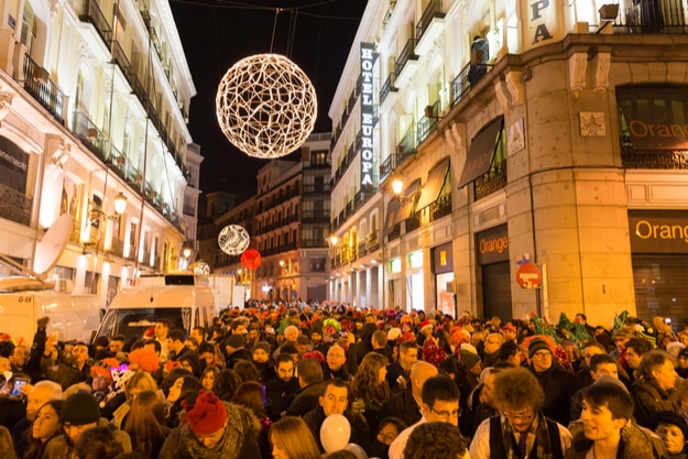Puerta del Sol crowded with tourists on December 31 in Madrid
