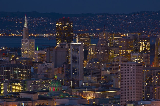San Francisco at night with city hall lit up with Christmas