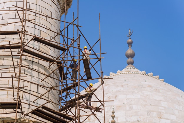 Restoration work in the Taj Mahal complex on December 19, 2015