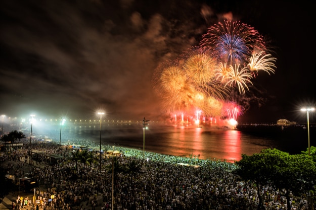 Fireworks at new years eve party at Copacabana beach, Rio de Janeiro, Brazil