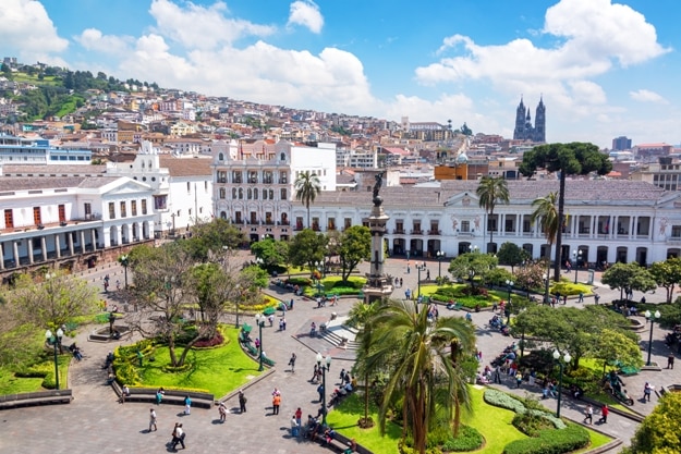 Activity in the Plaza Grande in the colonial center of Quito, Ecuador