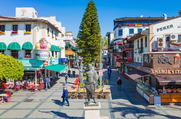 Aerial view of monument of Attalos II Philadelphos King of Pergamon and founder of Antalya at square in old city Kaleici district of Antalya, Turkey