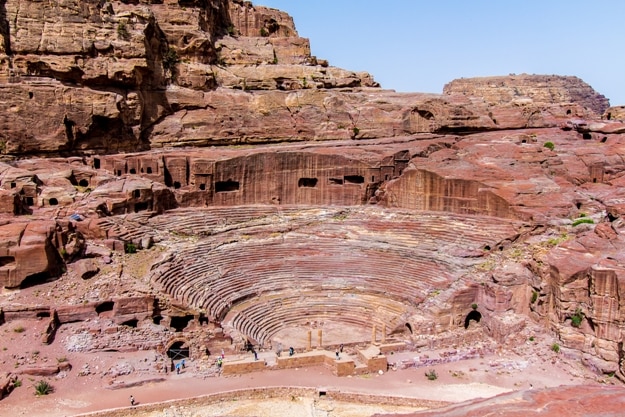 Aerial view of the theatre, cut into the hillside, in the ancient Petra, Jordan
