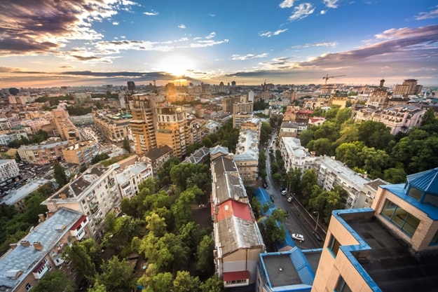 Beautiful area of kiev near the city center at sunset time, aerial photography in Kiev, Ukraine