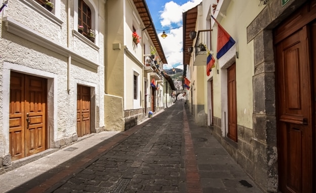 Calle La Ronda, typical colonial street in historic district, Quito, Ecuador