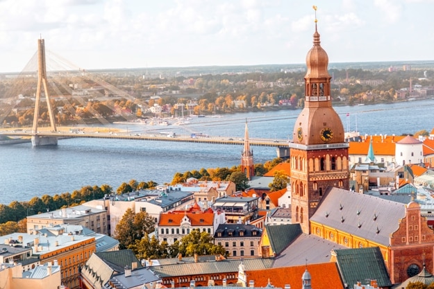 Cityscape aerial view on the old town with Dome cathedral and Daugava river in Riga city