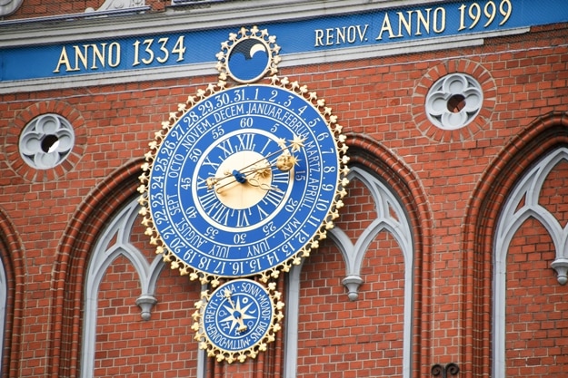 Detail of astronomical clock on the House of Blackheads, Riga, Latvia