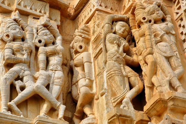 Details of the Adhbudhnath Shiva Temple, located inside the fort (Garh) of Chittorgarh with sculptures of Apsaras, Chittorgarh, Rajasthan, India