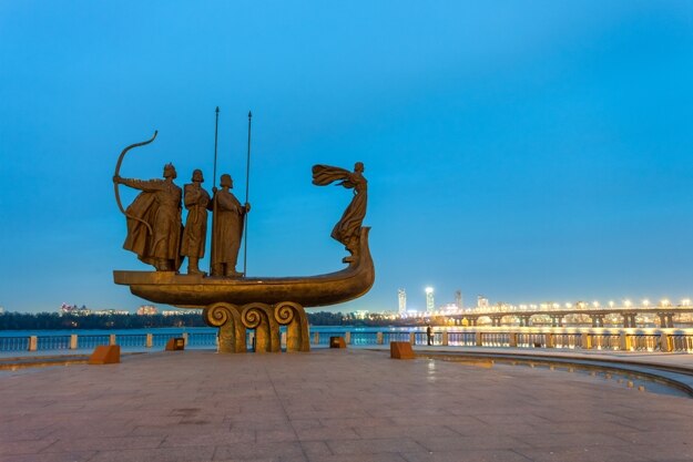 Founders Monument Dniper River Kiev Symbol Kiev Ukraine. Prince Kiy Builder Khoriv Sister Libed Sculptor Boroday 1982,Monument to legendary founders of Kiev