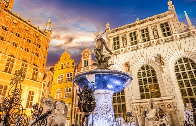 Fountain of the Neptune in old town of Gdansk, Poland