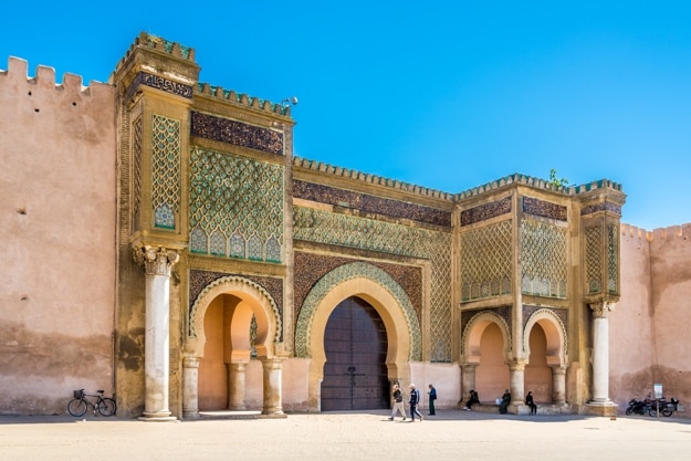Gate Bab El-Mansour at the El Hedim square in Meknes. Meknes is one of the four Imperial cities of Morocco