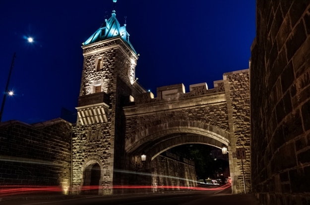 Kent door, arch in fortifications of Quebec city at night, Quebec, Canada