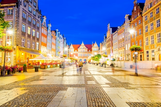 Night view on the illuminated market square in the old town center of Gdansk, Poland