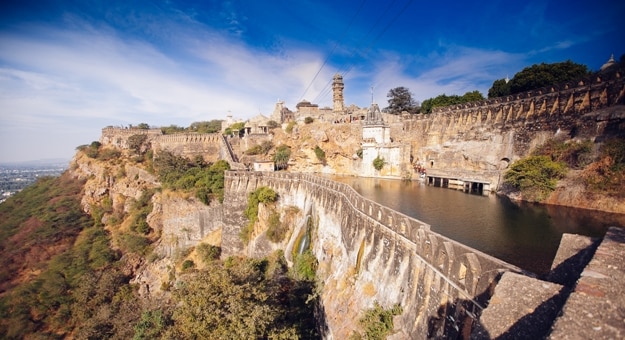 Picturesque panorama of Cittorgarh Fort. It is listed on the UNESCO World Heritage Sites list as Hill Forts of Rajasthan. India